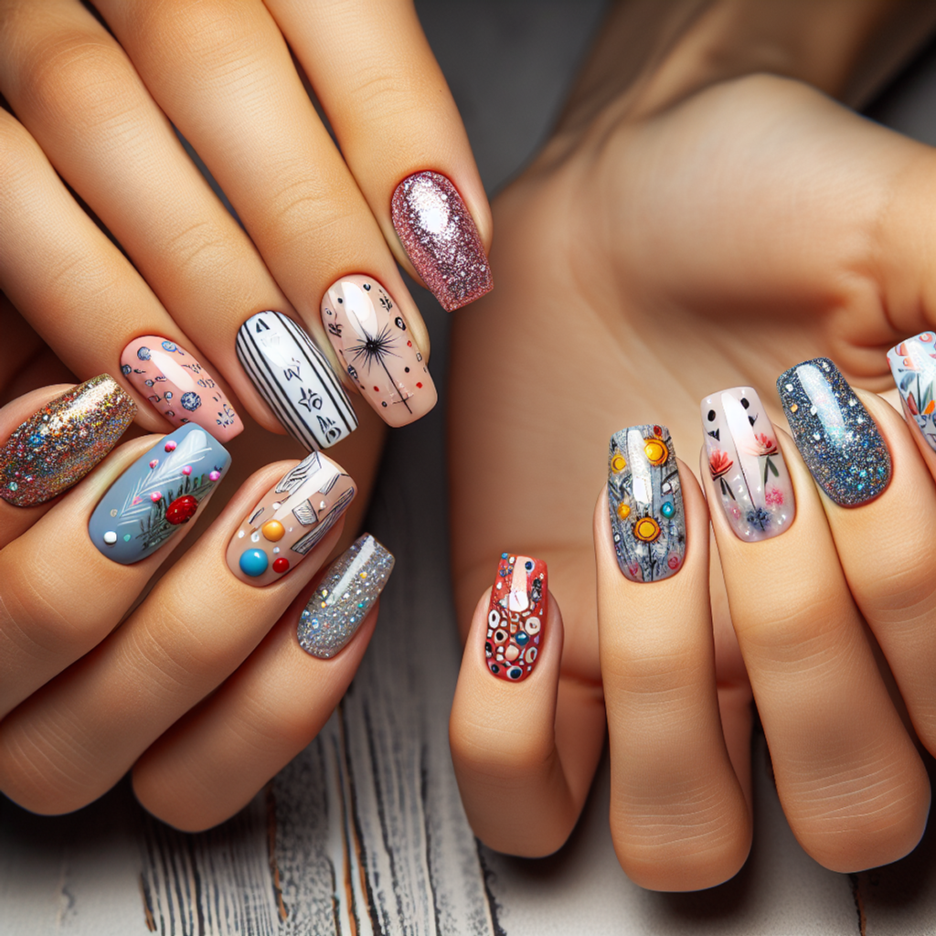 Nail art designs with vibrant and diverse patterns on short, well-maintained hands.