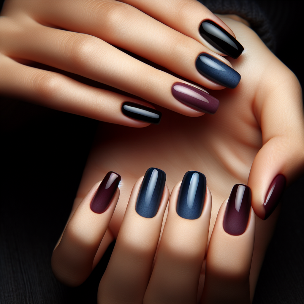 A close-up of hands with beautifully manicured nails painted in deep, 