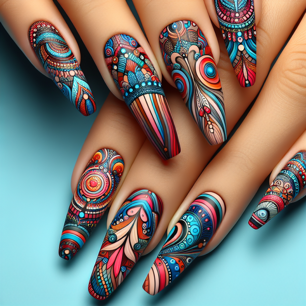 A close-up photo of vibrant, multicolored nails with intricate patterns and bold designs.