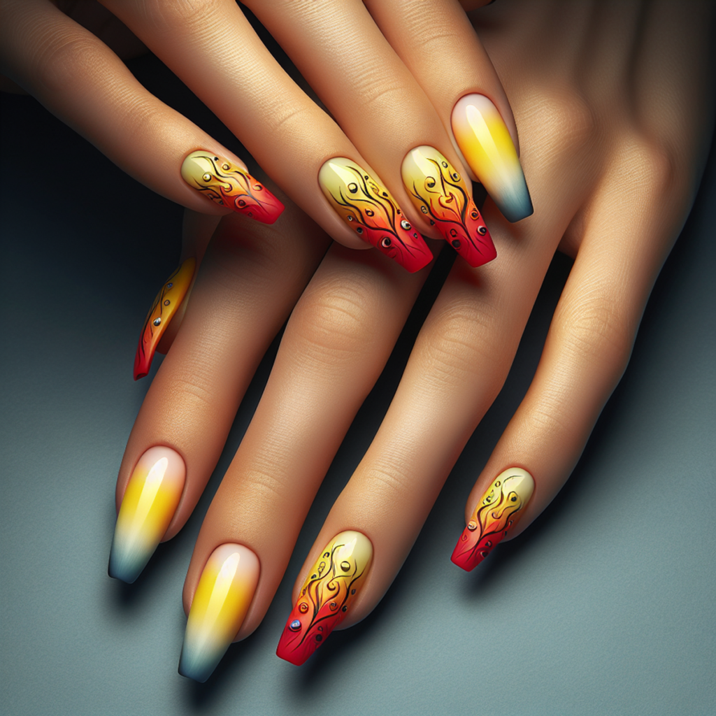Intricately designed nail art on ten human fingers with a vibrant gradient effect from bright yellow to fiery red.