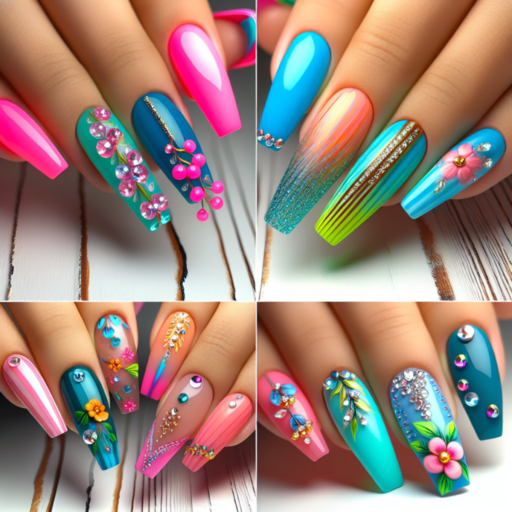 Vibrant and colorful nail art with various designs and accents.