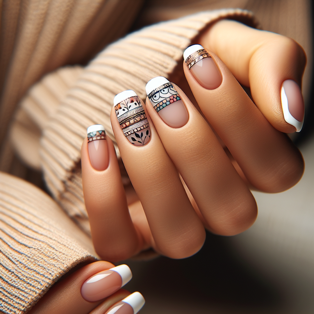 Alt text: Close-up of a hand with a modern twist on a French manicure, featuring vibrant colors and unique patterns.