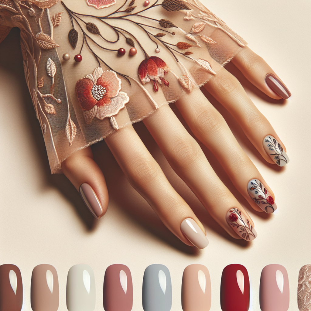 A hand with short, elegant nails painted in sophisticated one-color tones, including nude, pastel, and bold red.
